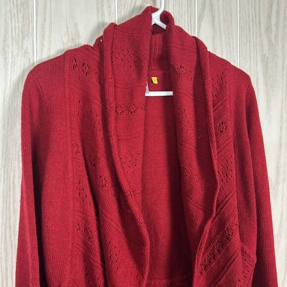 Anthropologie Knitted & Knotted Deep Red Eyelet Open Front Wool Blend Cardigan S - Picture 3 of 8